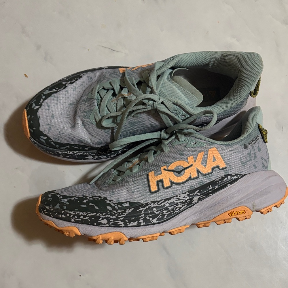 Hoka Women's Trail Runners — Mint Green with Peach Accents
